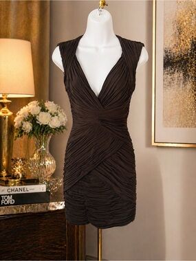BCBG Max Azria Black Ruched Cocktail Dress- Deep V Neck Size S. NWT